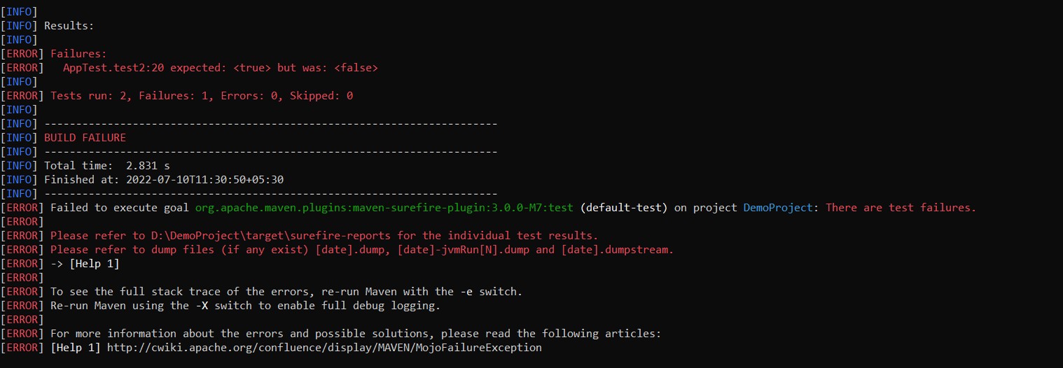 maven build failure because a test case failed