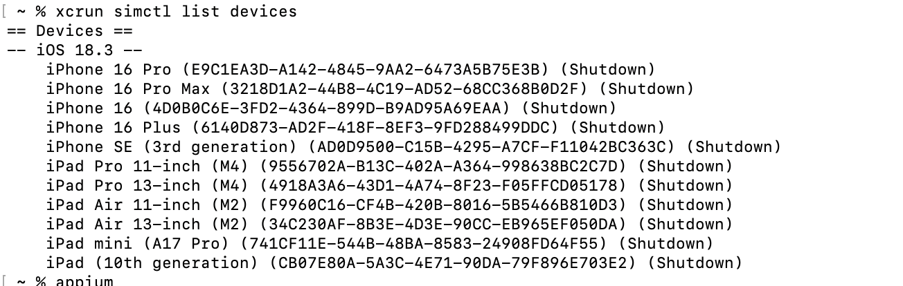 xcrun simctl list devices