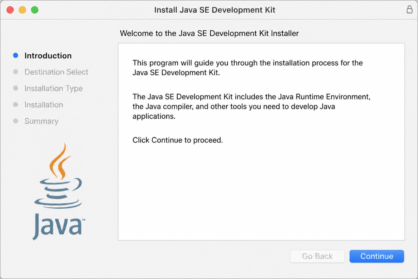 macOS JDK installer Continue screen