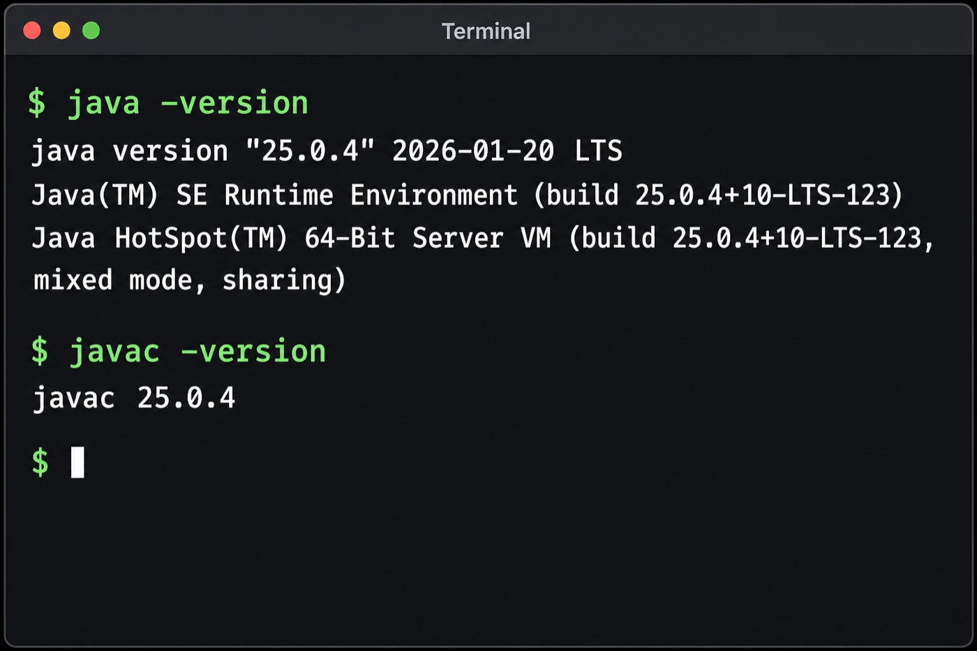 Terminal verifying java and javac versions