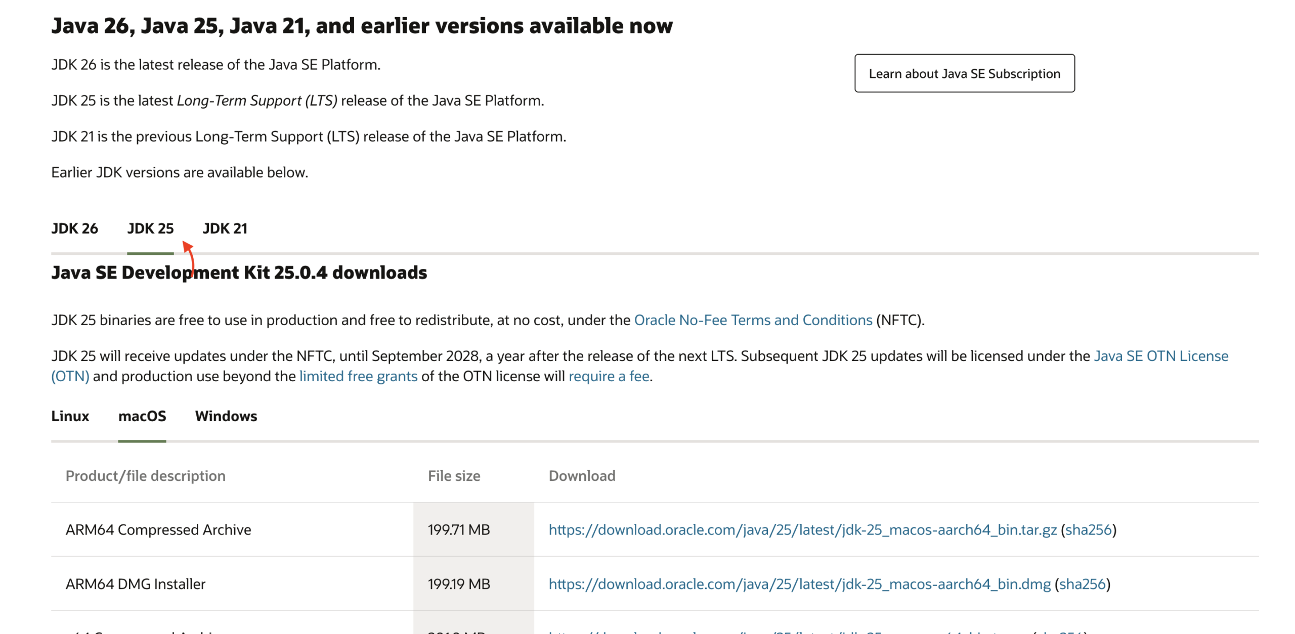 select jdk 25