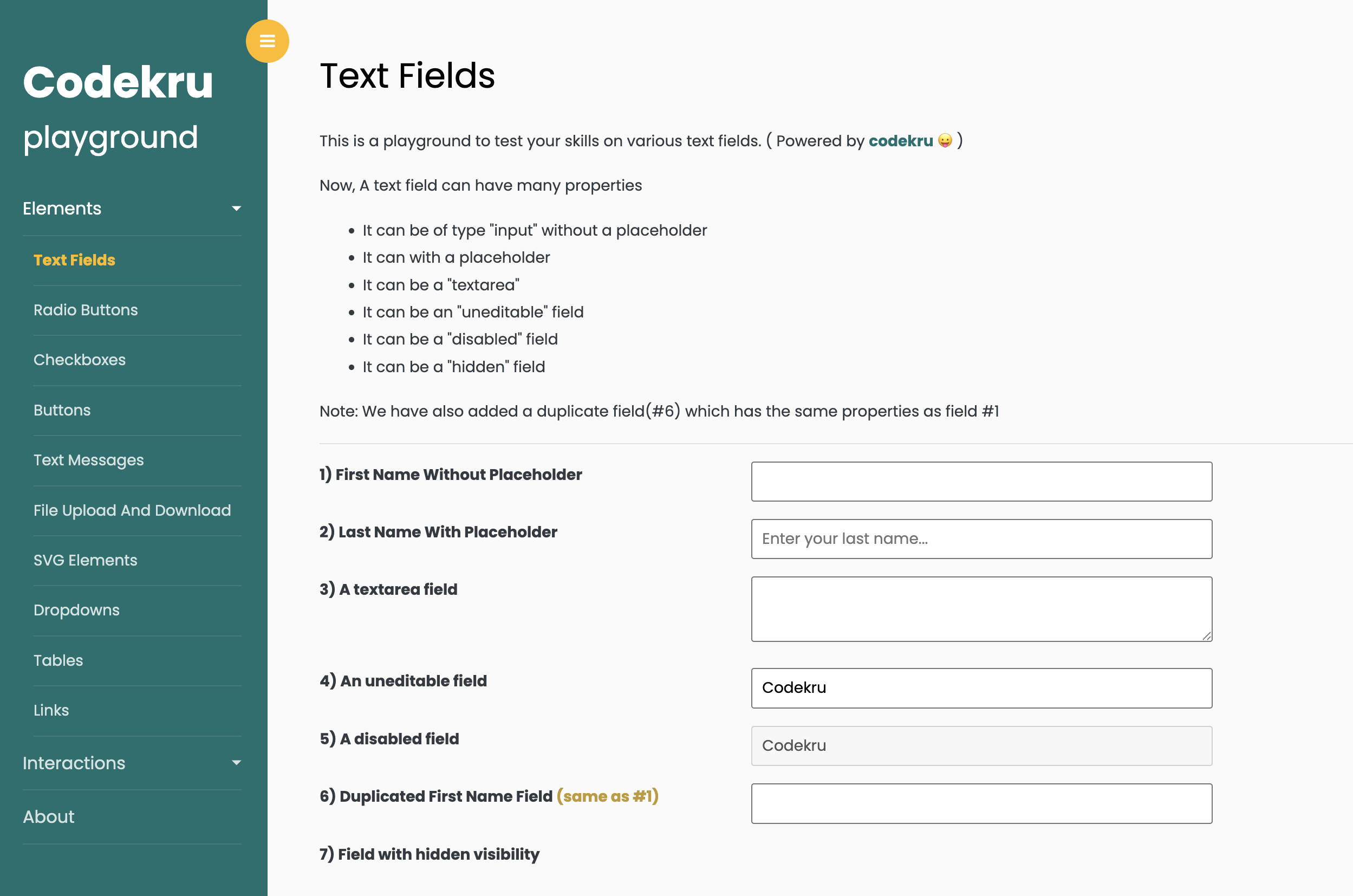 Text Fields Page
