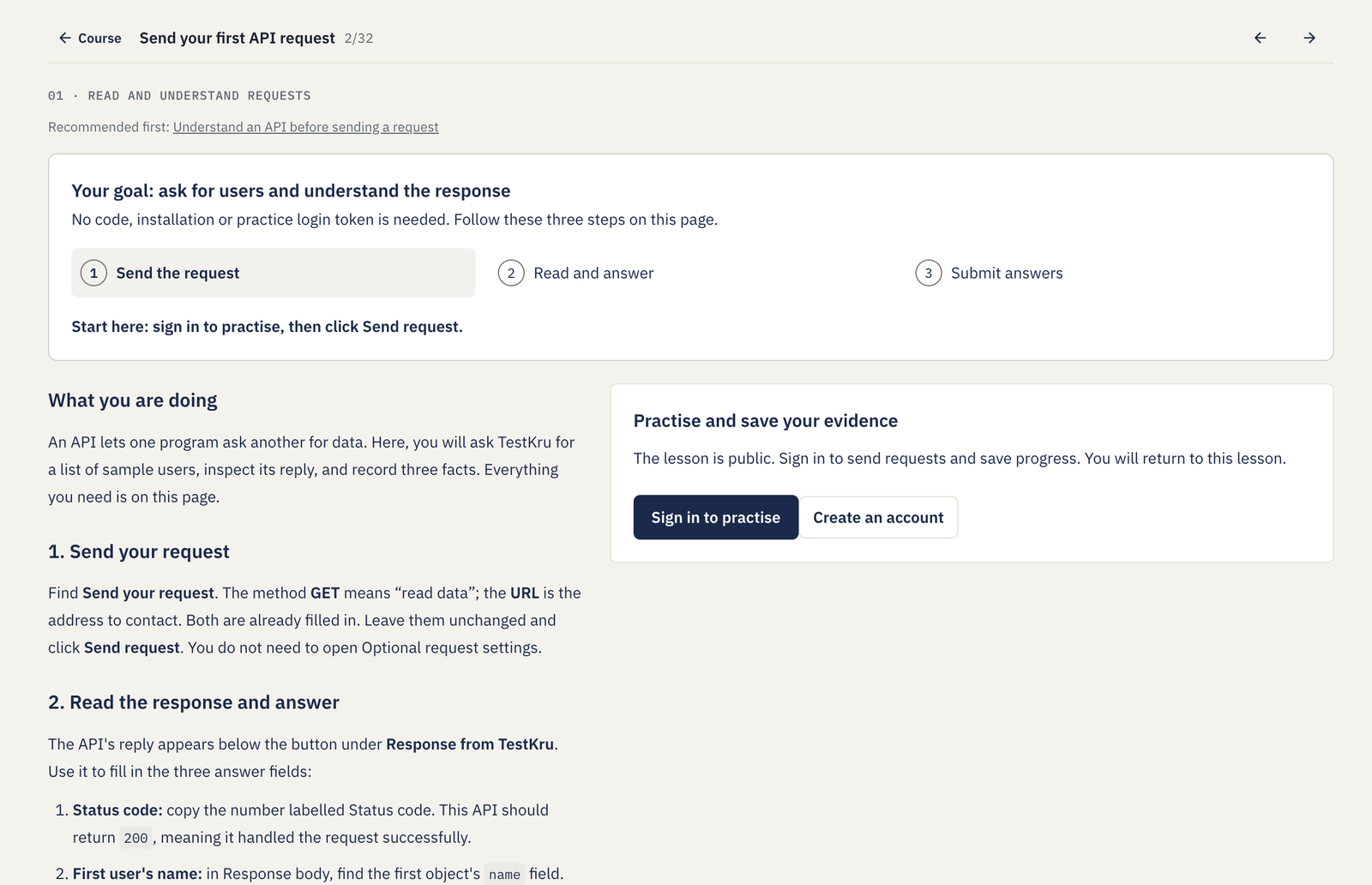 Assignment page before sign-in, showing the instructions beside the Sign in to practise button